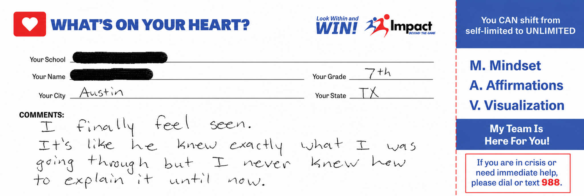 A Heart Card example with the student’s name and school redacted.